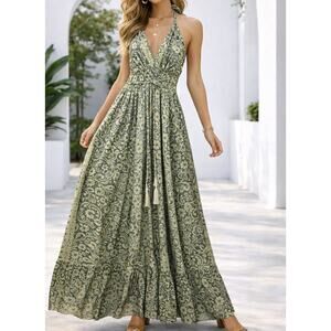 NWT 70% Silk 30% Polyester Yellow Maxi Dress Boho Halter